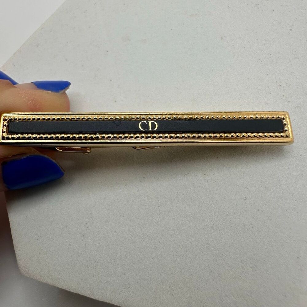 Christian Dior CD Logo Black Enamel Gold‎ Tone Tie Clip